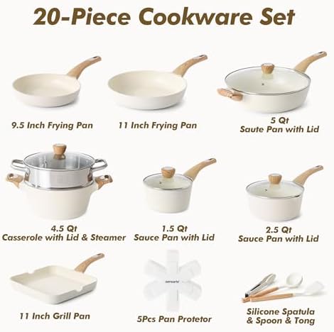 SENSARTE Ceramic Cookware Sets, Pots and Pans Set Nonstick, 20-Piece Induction Cookware, Non-toxic Healthy Non Stick Kitchen Cooking Set with Stay-Cool Handles, PFAS PTFE PFOA PFOS Free