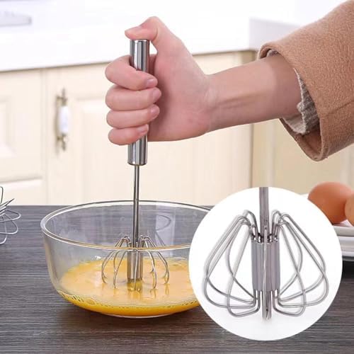 Semi-automatic Whisk, Stainless Steel Egg Beater, Versatile Milk Frother, Hand Push Rotary Whisks Mixer Stirrer for Blending, Whisking, Beating & Stirring (Silver 12+14in)