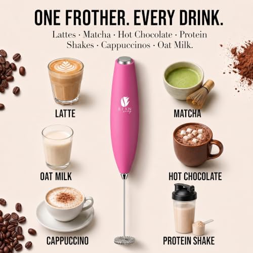 Bean Envy Milk Frother Handheld - Coffee Mixer Wand with Stand - Raspberry