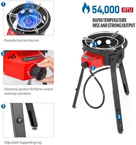 OuterMust Outdoor Cooker Wok Station with Iron Wok, Electronic Ignition and Propane Burner 54000 BTU with Adjustable Support Stand for BBQ, Backyard