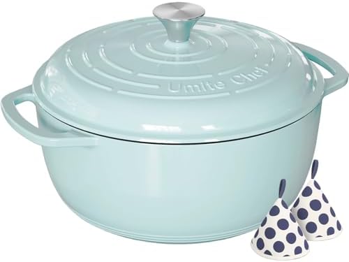 Umite Chef 6QT Enameled Cast Iron Dutch Oven with Lid, Versatile Heavy-Duty Cookware Pot for Baking Bread, Braising, Soups & Stews, Oven & Stovetop Safe with Heat Resistant Gloves（Blue）