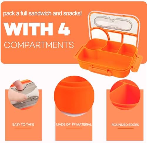 Bento Box for Adults, 4 Compartments Lunch Box, Lunch Containers, Orange