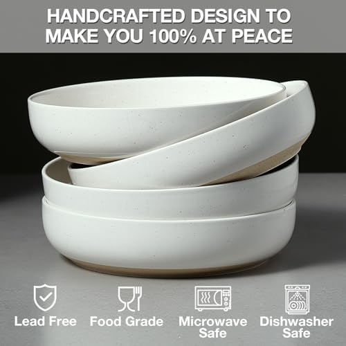 Gencywe 8.3" Pasta Bowls Set of 4, 34 oz Ceramic Salad Bowls, White Serving Plate, Wide and Shallow Bowl for for Fruits, Noodle, Dinner, Housewarming Wedding Christmas Dishwasher and Microwave Safe