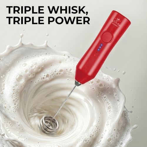 Zulay Kitchen Rechargeable Milk Frother Handheld - Frother Wand, Drink Mixer, Electric Whisk Frother, for Cappuccinos, Matcha & Protein Powder - Dynamic Triple Whisk, 3 Speed 500mAh Red