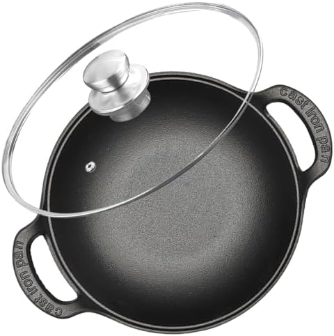 Cast Iron Wok with Dual Handle, Pre-Seasoned Stir-Fry Pans (Wok with Lid 11 inch)