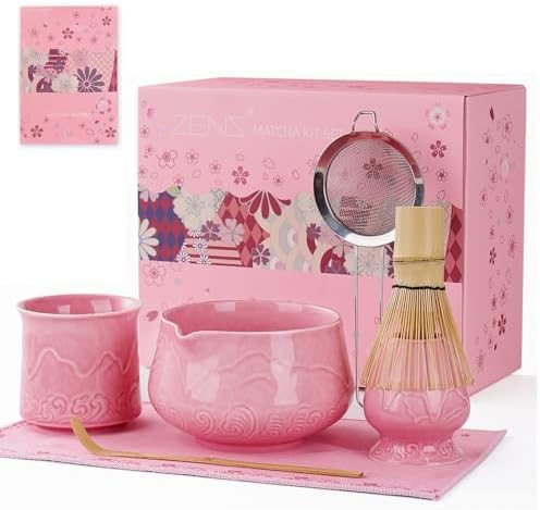 ZENS Premium Matcha Whisk Set with Blooming Cup, 7pcs Matcha Set, Pink