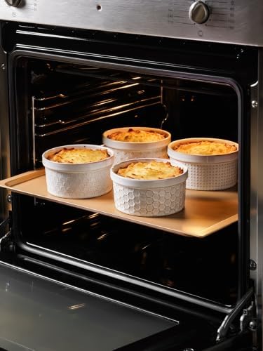 LE TAUCI Ramekins 12 oz, Ramiken for Creme Brulee, Souffle, Dipping Sauce, Ceramic Embossment Housewaming Present -4.8 inch, Set of 4, Arctic White