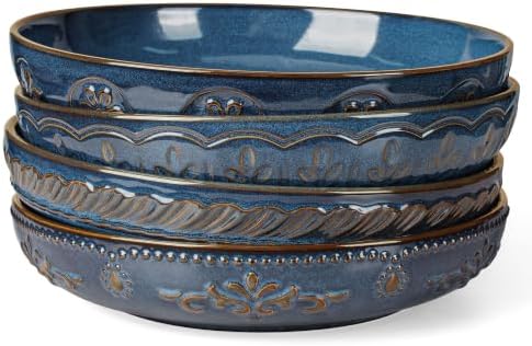 Artena Pasta Bowls, 50oz Large Salad Serving Bowls, 9.75'' Plates Bowls Set of 4, Big Ceramic Soup Bowls for Kitchen, Embossment Shallow Dinner Bowl, Microwave Dishwasher Safe, Multiple Patterns, Blue