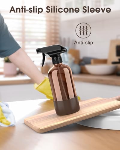 Bontip Glass Spray Bottle with Silicone Sleeve Protection, Amber Glass Spray Bottle Set for Window Cleaner Aromatherapy Facial Hydration Watering Flowers Hair Care 2 Pack/16 oz (Brown, 16 oz)