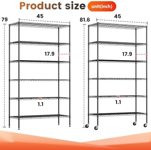 BestOffice | 6-Tier Wire Shelf with Wheels | 45" x 18" x 82" | Black