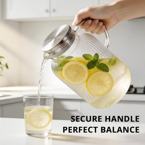 Bivvclaz 1 Gallon Glass Pitcher with Lid and Handle, Stripes Water Pitcher for Fridge, Borosilicate Glass Carafe for Hot/Cold Drink, Extra Large Jug for Iced Tea, Coffee, Juice, Homemade Beverage
