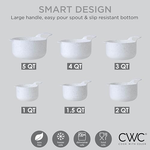 COOK WITH COLOR Nesting Plastic Mixing Bowl Set with Pour Spouts and Handles, Speckled White, 6 Piece Non-Slip
