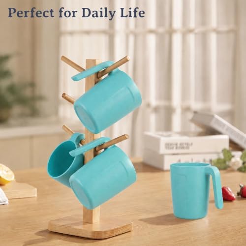 Wrova 16oz Wheat Straw Cups with handles set of 6-Plastic Cups Reusable-Unbreakable Kids Mugs-Dishwasher Safe & Microwave Safe-Ideal Plastic Mugs for Tea,Coffee,Camping,RV-Green