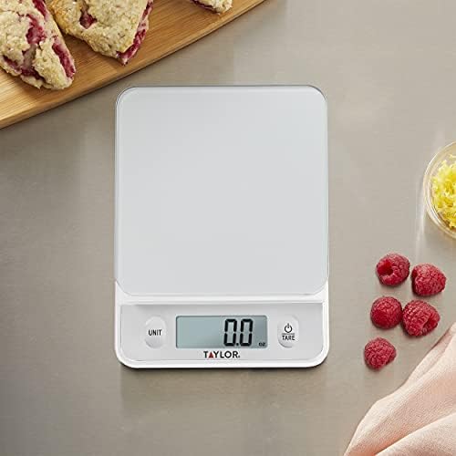 Taylor Glass Top Food Scale with Touch Controls, 11 lb Capacity, Sleek Silver Design, Accurate and Easy-to-Use Scale for Cooking and Baking