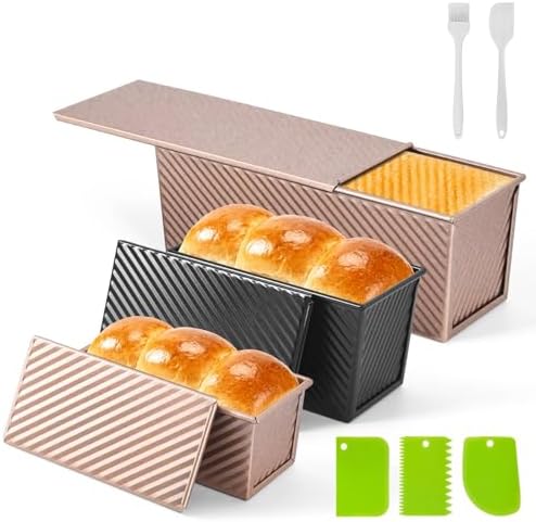 3 PCS Pullman Loaf Pan with Lid, 2.2 lb & 1 lb & 0.8 lb Dough Capacity, Nonstick Carbon Steel Sandwich Bread Pans with Covers for Homemade Sourdough Baking