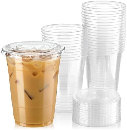 Fit Meal Prep 600 Pack 16 oz Clear Plastic Cups with Flat Lids, Disposable Iced Coffee Cups, BPA Free Premium Crystal Smoothie Cup for Party, Lemonade Stand, Cold Drinks, Juice, Milkshake