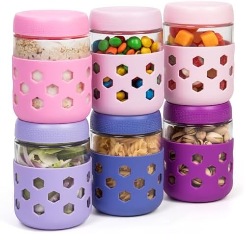 Gemice 6-Pack 16 oz Overnight Oats Containers with Lids and Silicone Sleeves, Glass Mason Jars with Airtight Lid, Dishwasher Safe, Wide Mouth Chia Seed Pudding Meal Prep Jar for Yogurt Berries Snack