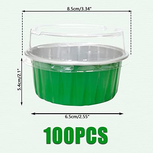 100Pcs Aluminum Cups with Lids,5oz Disposable Ramekin Baking Cups Muffin Liners Mini Pie Pans Foil Cupcake Containers for Christmas Party Wedding Party,Green