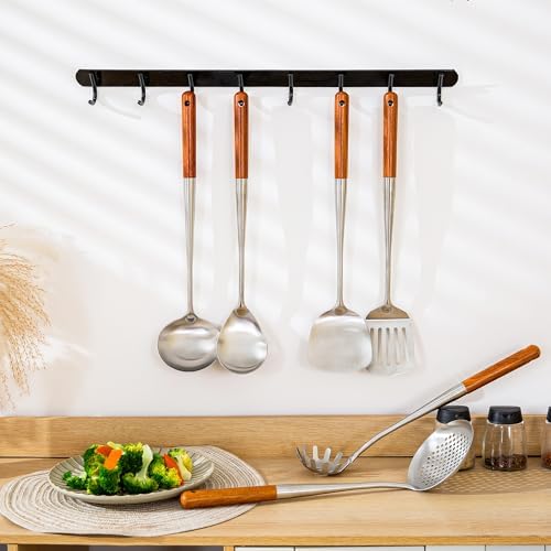 FJNATINH 17inch Wok Spatula and Ladle, Skimmer Spoon, Slotted Turner Spatula Set 304 Stainless Steel Kitchen Utensils Sets, 4-Pieces Cooking Utensils Tools Wok Accessories