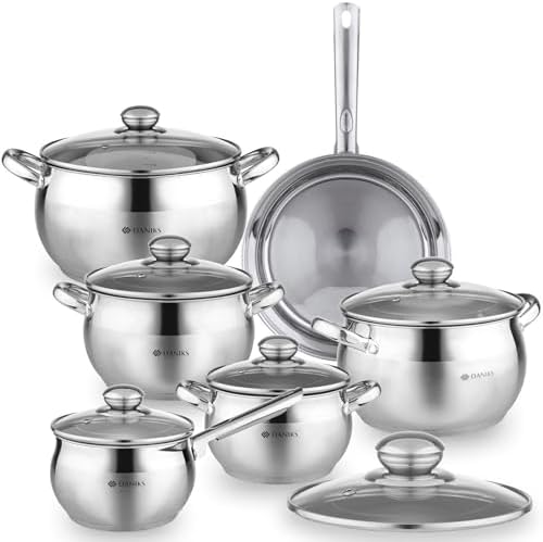 Daniks Classic 12-Piece Stainless Steel Cookware Set with Glass Lids, Includes Saucepan and Frying Pan with Lid, Tri-Ply Bases for Even Heating, Induction Compatible, Dishwasher Safe