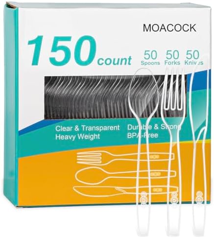 MOACOCK 150 Pcs Clear Plastic Silverware - 50 Forks, 50 Spoons, 50 Knives
