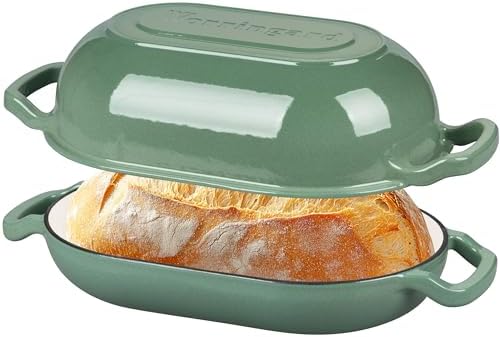 VORRINGARD Enameled Cast Iron Sourdough Bread Oven, Dutch Oven, Loaf Cast Iron Bread Pan for Homemade Bread Baking, Meatloaf Pan with Lid, 5QT, Sage Green