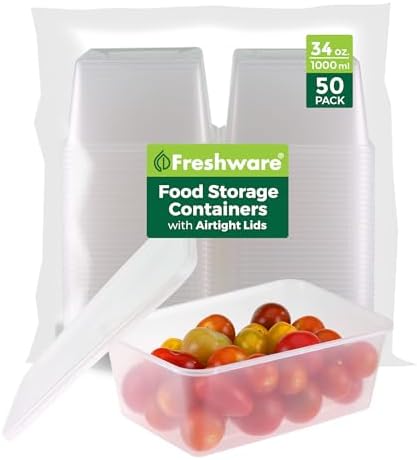 Freshware Food Storage Containers [50 Set] 34 oz Plastic Deli Containers with Lids, Slime, Soup, Meal Prep Containers, BPA Free, Stackable, Leakproof, Microwave, Dishwasher and Freezer Safe