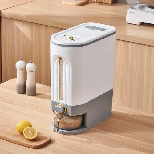 Sooyee 22 Lbs Rice Dispenser with Measuring Cup, White and Grey