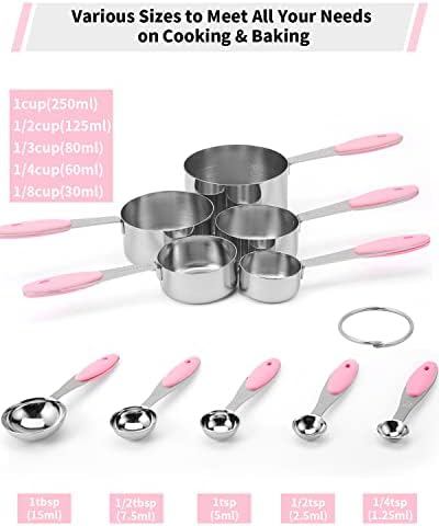 Joyhill Stainless Steel Measuring Cups and Spoons Set of 10 Piece, Nesting Metal Measuring Cups Set with Soft Touch Silicone Handles for Dry and Liquid Ingredients, Cooking & Baking (Pink)