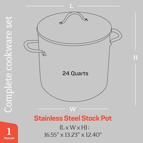 Stainless Steel Stockpot with Tempered Glass Lid 24 Quart, Durable 18/0 Stainless Steel, Impact-Bonded Base for Even Heating, Riveted Handles, Oven & All Stove Compatible, Safe Up To 500°F (260°C)