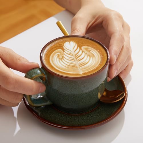 Pokini Stoneware Coffee Cups with Saucers, Cappuccino Cups, Mugs Set of 4