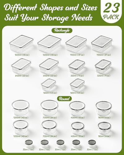 46 Piece Food Storage Containers with Lids(23 Containers & 23 Lids), BPA-Free Plastic Food Containers for Kitchen Storage and Organization, Leak Proof Meal Prep Container, Includes Labels & Pen