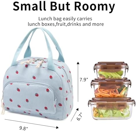 Lunch Bag Women Lunch Box for Women Adult Cute Insulated Lunch Bag Small Cooler Lunch Tote Bags for Work Picnic School (Blue-Strawberry)