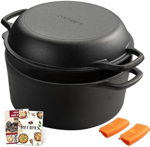 Overmont 7QT Double Dutch Oven - 2-in-1 Pre-Seasoned Cast Iron Pot & Recipe
