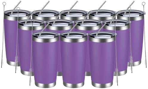 MEWAY 20oz Tumbler 12 Pack Double Wall Vacuum Insulated Travel Mug Bulk, Stainless Steel Tumblers with Lid and Straw, Durable Powder Coated Coffee Cups for Cold & Hot Drinks (Purple, 12)