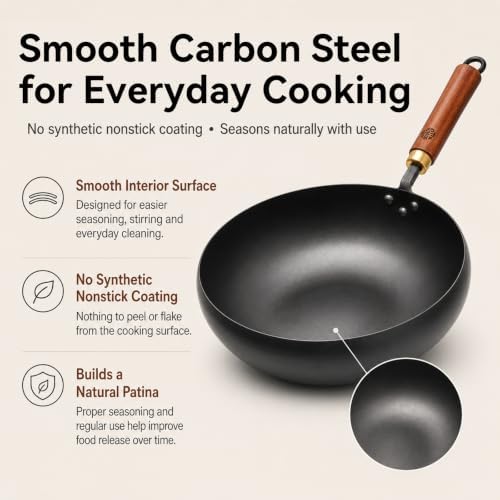 WANGYUANJI 9.5-Inch Carbon Steel Wok with Lid, Flat Bottom Stir Fry Pan