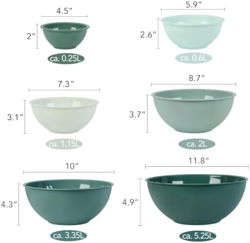 BoxedHome BPA Free Plastic Round Mixing Bowl with Lids, 12 Pack Nesting Bowls with Lids Set, Microwave and Dishwasher Safe Prep & Serving Bowls Great for Mixing, Baking, Serving (Green, 12pcs)