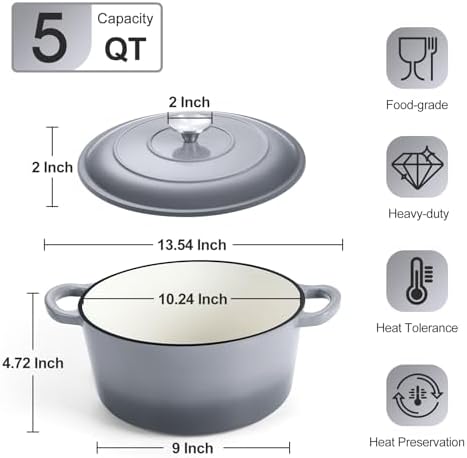 P&P CHEF 5QT Enameled Dutch Oven, Dutch Oven Pot for Bread Baking, Grey