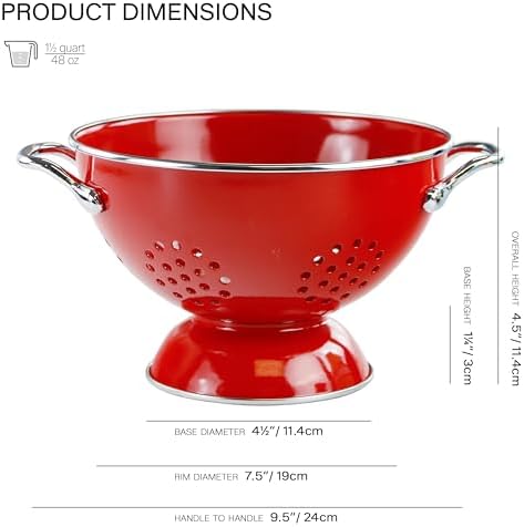 Reston Lloyd, 1.5 Quart Powder Coated Steel Kitchen Strainer Basket for draining Pasta, Vegetable and Fruit, Chrome Handles and Wide Stable Base, Red