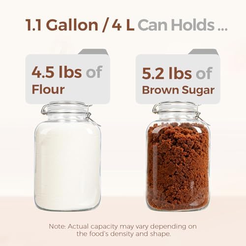 ComSaf Square Glass Pantry Jars with Airtight Lids 1.1 Gallon 2 Pack Large