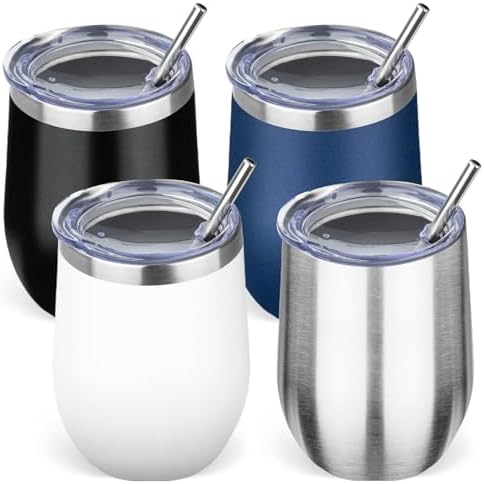 12oz/4 Pack Stainless Steel Wine Tumbler with Lid and Straw, Double Wall Vacuum Insulated Wine Tumbler Glasses, Stemless Travel Mugs for Hot and Cold Drinks, Coffee, Wine, Cocktails