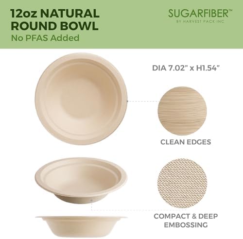12oz Compostable Paper Bowls Disposable Round Natural Cereal Bowl, 50 Count
