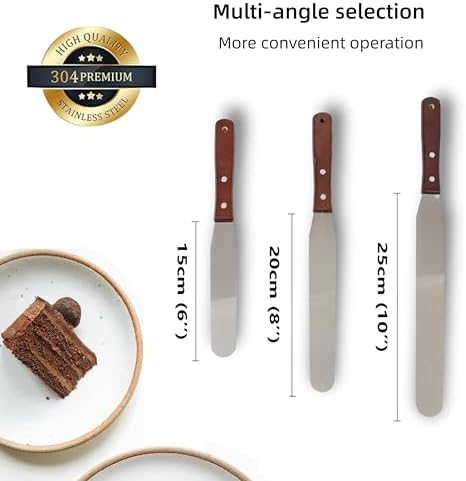 Straight Icing Spatula Stainless Steel Baking Set of 6", 8" & 10" Wooden Handle Cake Decorating Frosting Spatulas