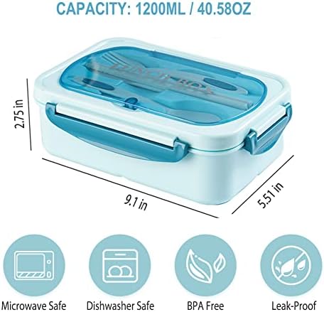Bento Box for Adult, 1200 ML Lunch Containers, LeakProof Lunch Box with Utensils, BPA Free, 3 Compartment Bento Box Microwave Safe, Blue