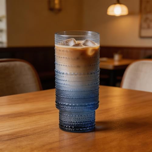 Large Capacity 16 oz Hobnail Drinking Glasses Set of 6, Vintage Glassware Drinking Glasses, Gradual Gray-blue Water Glasses Tumbler, Cups for Kitchen, Juice, Beer, Cocktail, Whiskey