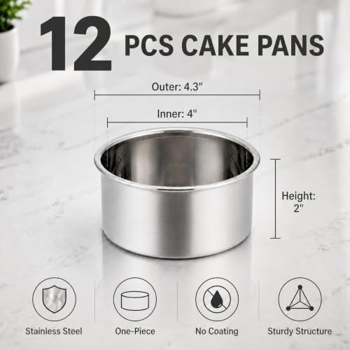 TeamFar 4 Inch Cake Pan, 12 Pcs Stainless Steel Round Baking Cake Pans Set