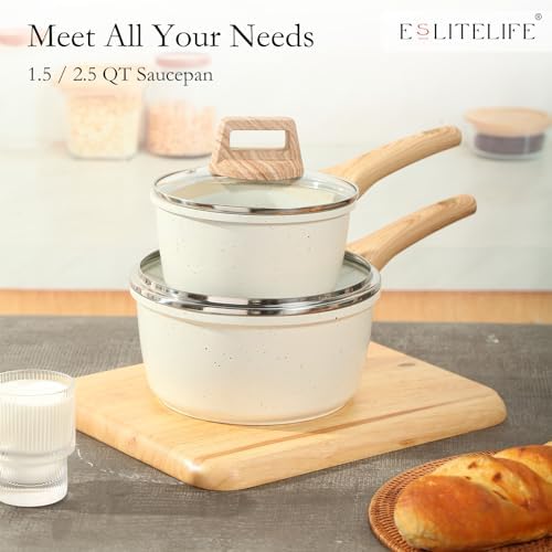 ESLITE LIFE Nonstick Sauce Pan with Lid, 1.5 QT Small Soup Pot Compatible with All Stovetops (Gas, Electric & Induction), PFOA Free, White