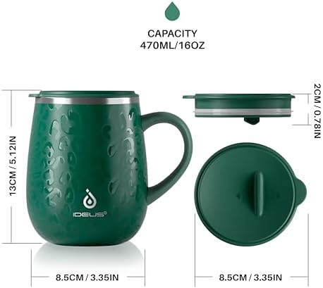 Ideus 16 oz Insulated Coffee Mug with Lid and Handle (Leopard Green)