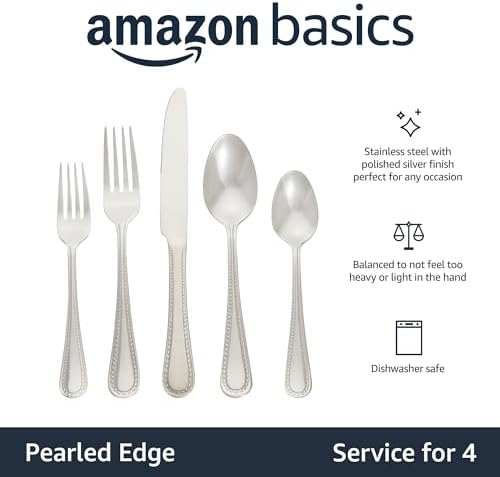 Amazon Basics Silverware Set, Stainless Steel Flatware, Dishwasher Safe, Easy to Clean, Service for 4, 20-Piece Forks and Spoons, Pearled Edge