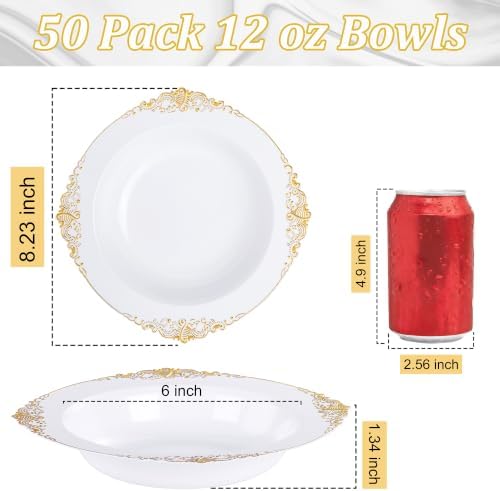 Nervure 50PCS White Plastic Bowls with Gold Rim - 12oz Disposable Soup Bowl